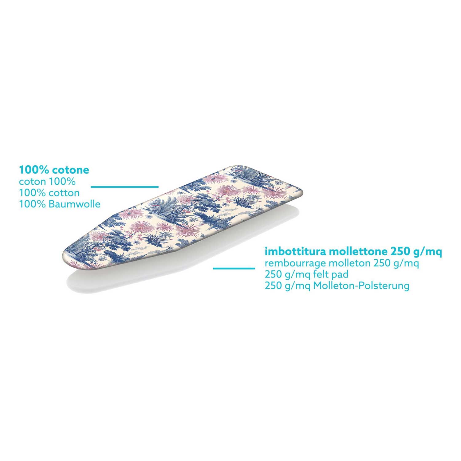 Funda Tabla Planchar, tamaño XL, 140×55 cm, 2 capas, algodón 100 % y molton, clip de fijación, Hecha en Italia, Colombo Spring Blossom,