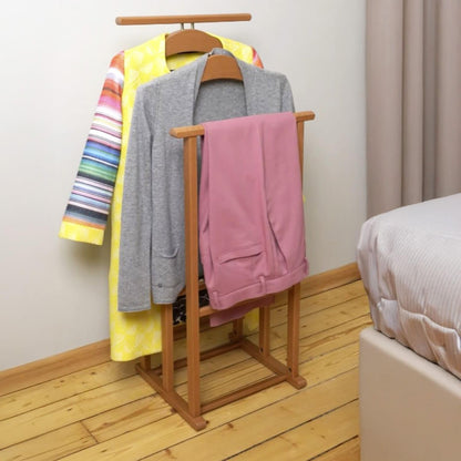 Galán de noche, Made in Italy, Galán de noche moderno, 2 perchas, 2 barras para pantalones, Perchero de Madera, Сerezo, Tatkraft Duke, 7