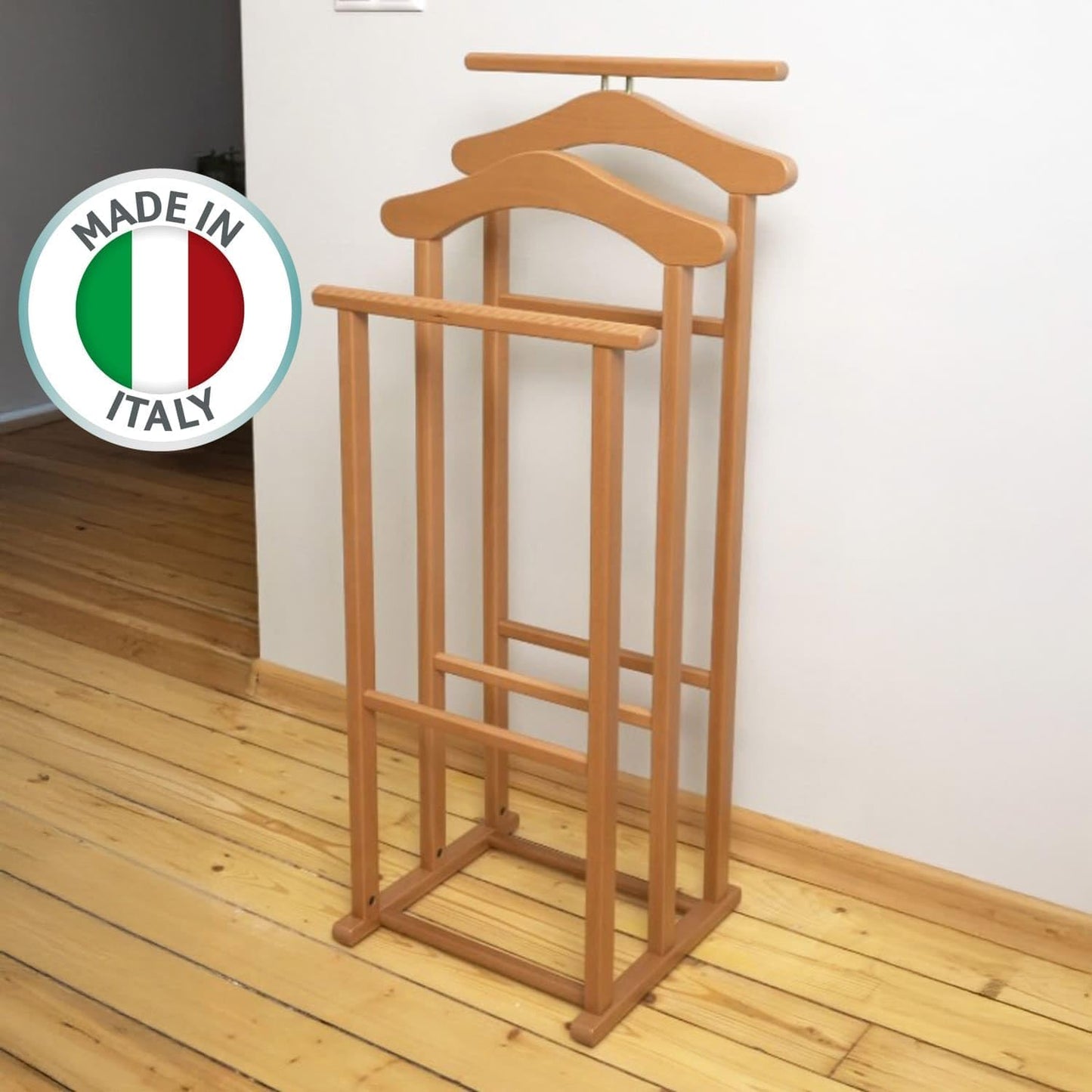 Galán de noche, Made in Italy, Galán de noche moderno, 2 perchas, 2 barras para pantalones, Perchero de Madera, Сerezo, Tatkraft Duke, 2