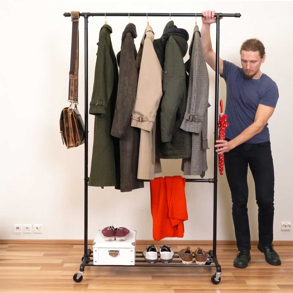 Tatkraft Drago - Perchero Burro, con 2 barras, Burro para Ropa, Resistente hasta 110 kg, Ajustables 130 x 49 x 198 cm, Perchero con Ruedas, Negro