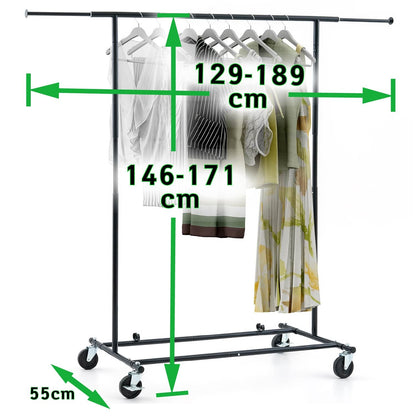 Tatkraft Derek - Burros para Ropa Resistentes, hasta 100kg, Perchero Burro Profesional, Perchero con Ruedas, Ajustable 129-188 x 55 x 146-171 cm Negro
