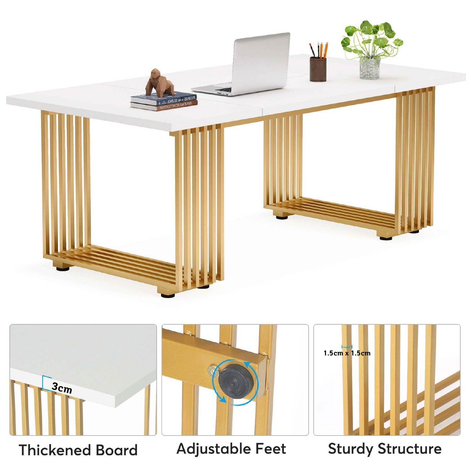 Escritorio, 180x79x78cm, Mesa Ordenador, con patas doradas, Mesa Oficina, Blanco y dorado, Tribesigns, 5