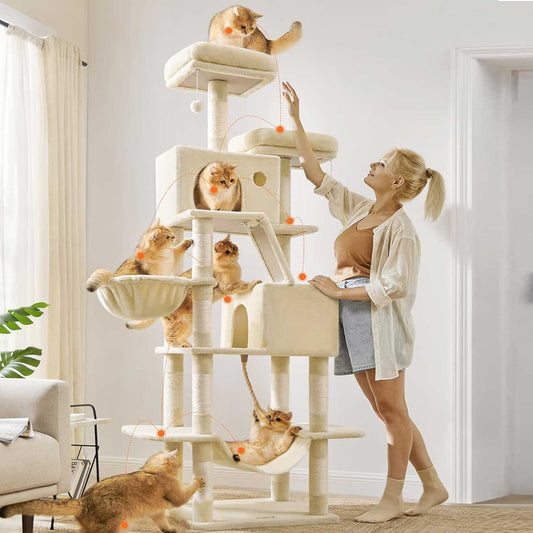 Arbol Rascador para Gatos, XXL, Rascador Gato, Arbol para Gatos, 206 cm de Altura con 13 Poste, 2 Plataformas, Beige, Feandrea, 1