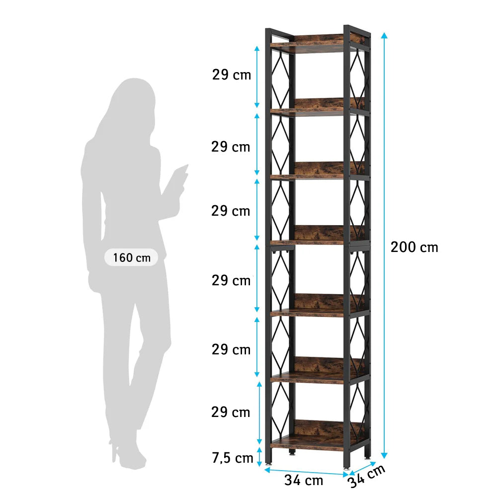Librería de 7 Niveles, 200 cm Estantería Alta, Estantería Almacenaje de Madera y Metal para Espacios pequeños, Tribesigns, 1