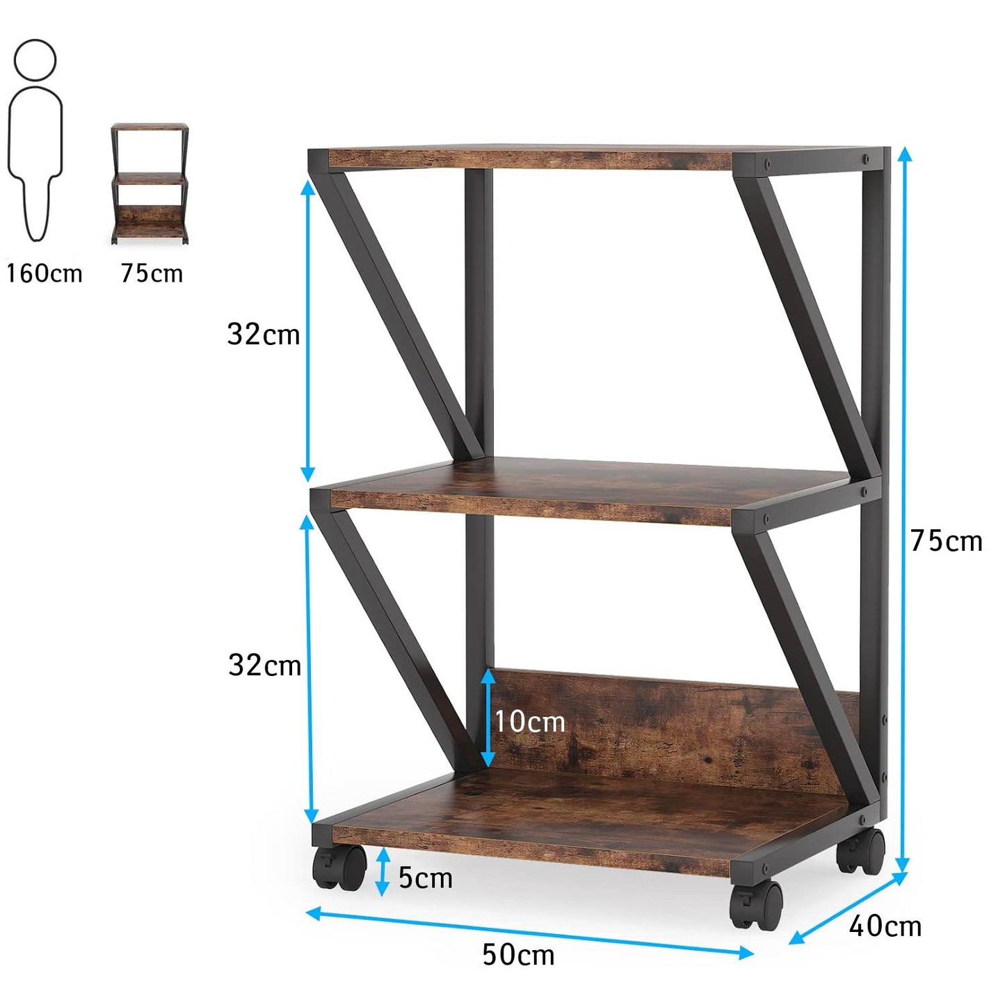 Mueble para impresora, Mesa oficina, de 3 niveles para almacenamiento bajo escritorio, con ruedas, Tribesigns, 7