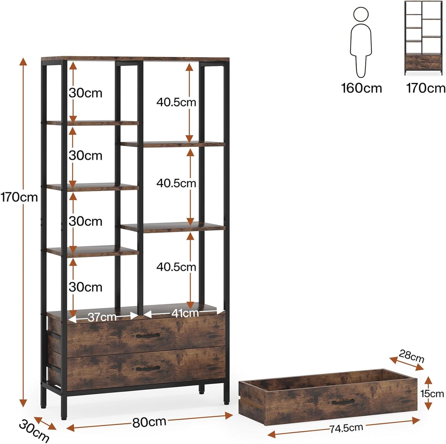 Estanteria Libreria, de 5 Niveles, Estantería, 2 cajones, de 170 cm de Alto, con 7 estantes, marrón rústico, Tribesigns, 8