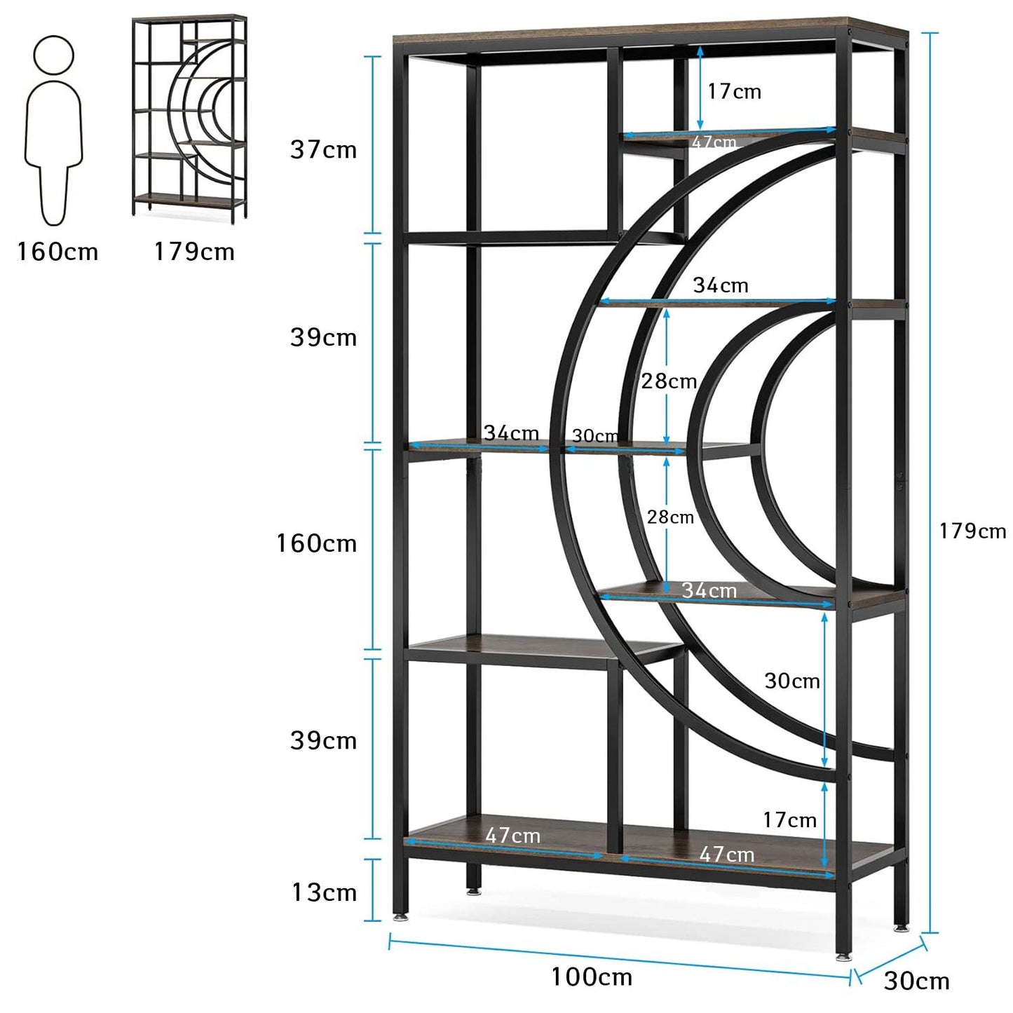 Estantería, de 179 cm, Estanteria Libreria, de 8 Estantes, Estanteria Libros, con Estructura de Metal, Tribesigns, 8