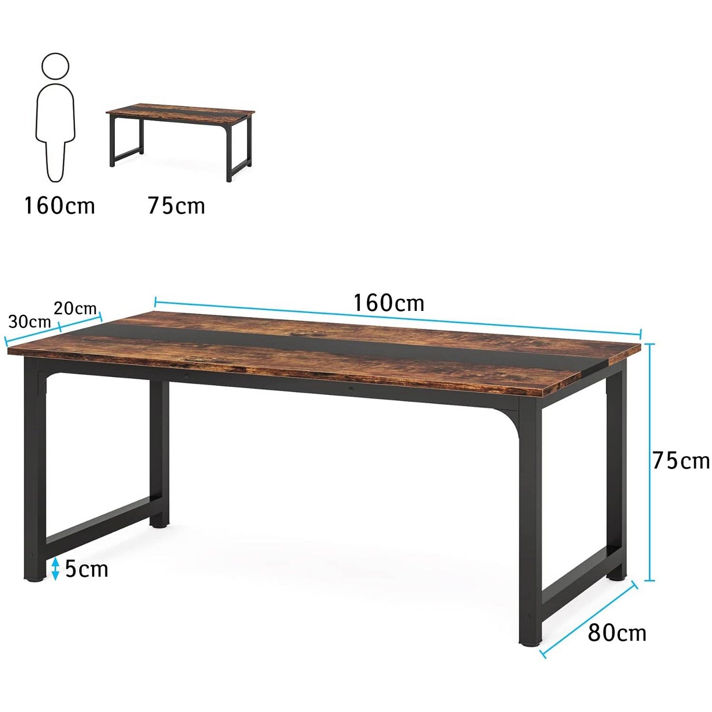 Escritorio, Mesa oficina, Mesa ordenador, Mesa de estudio, 160 x 80 x 75cm, Marco de acero, Rústico Negro, Tribesigns, 6