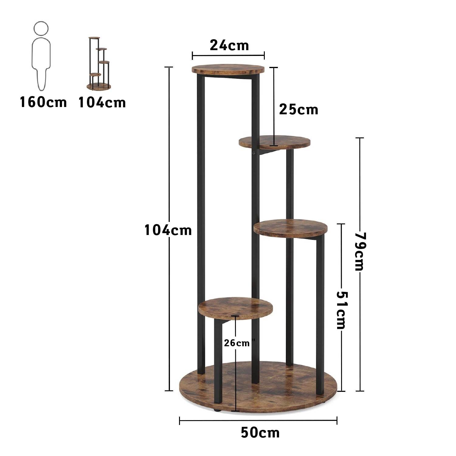 Soporte para Plantas, 5 niveles, Estanteria para plantas, 50x50x104cm, Soporte Macetas, Marrón Negro, Tribesigns, 6