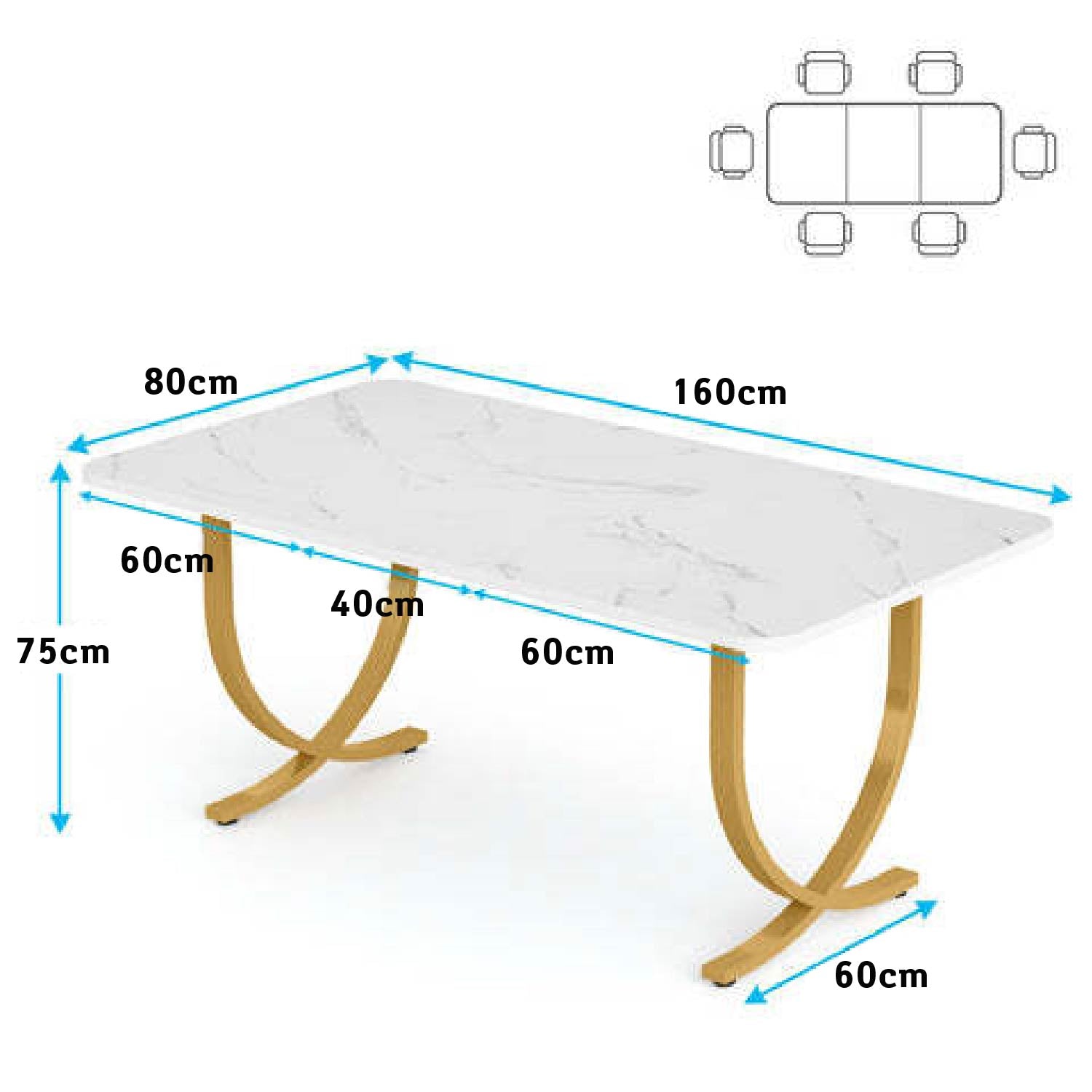 Escritorio, 160x80x75cm, Mesa Ordenador, Mesa Oficina, Blanco y dorado, Tribesigns, 4