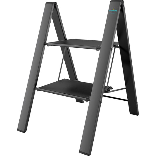  Escaleras de aluminio, Escalera 2 peldaños, Escalera plegable, antideslizante hasta 150 kg, Negro, Colombo LEONARDO 2 , 1