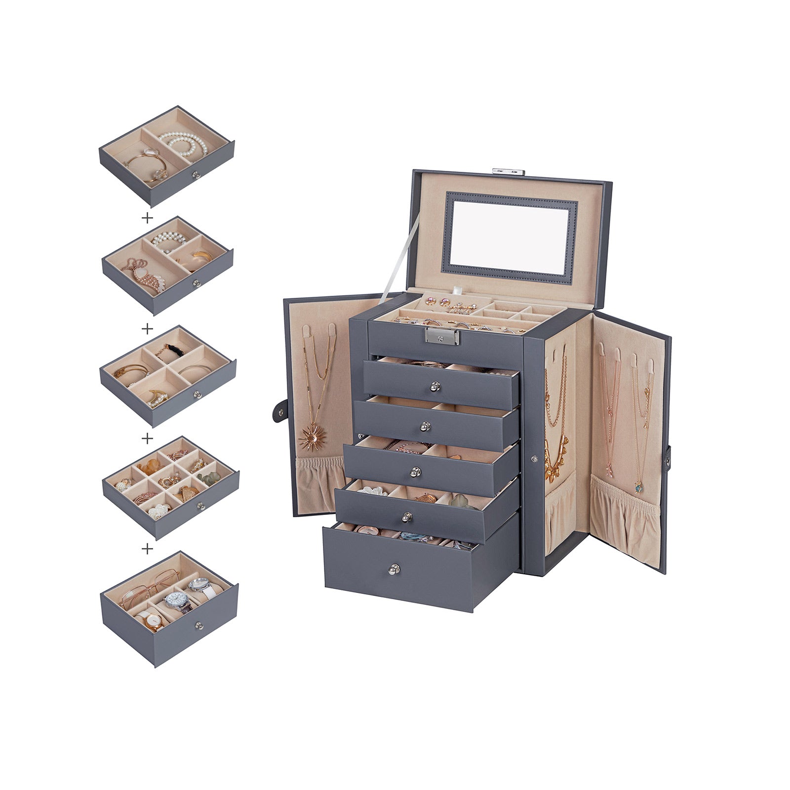 Joyero Grande, Caja Joyero, 3 Niveles, Joyero Organizador, con Asa, 2 Cajones, Espejo, Cerradura, Blanco, SONGMICS, 7