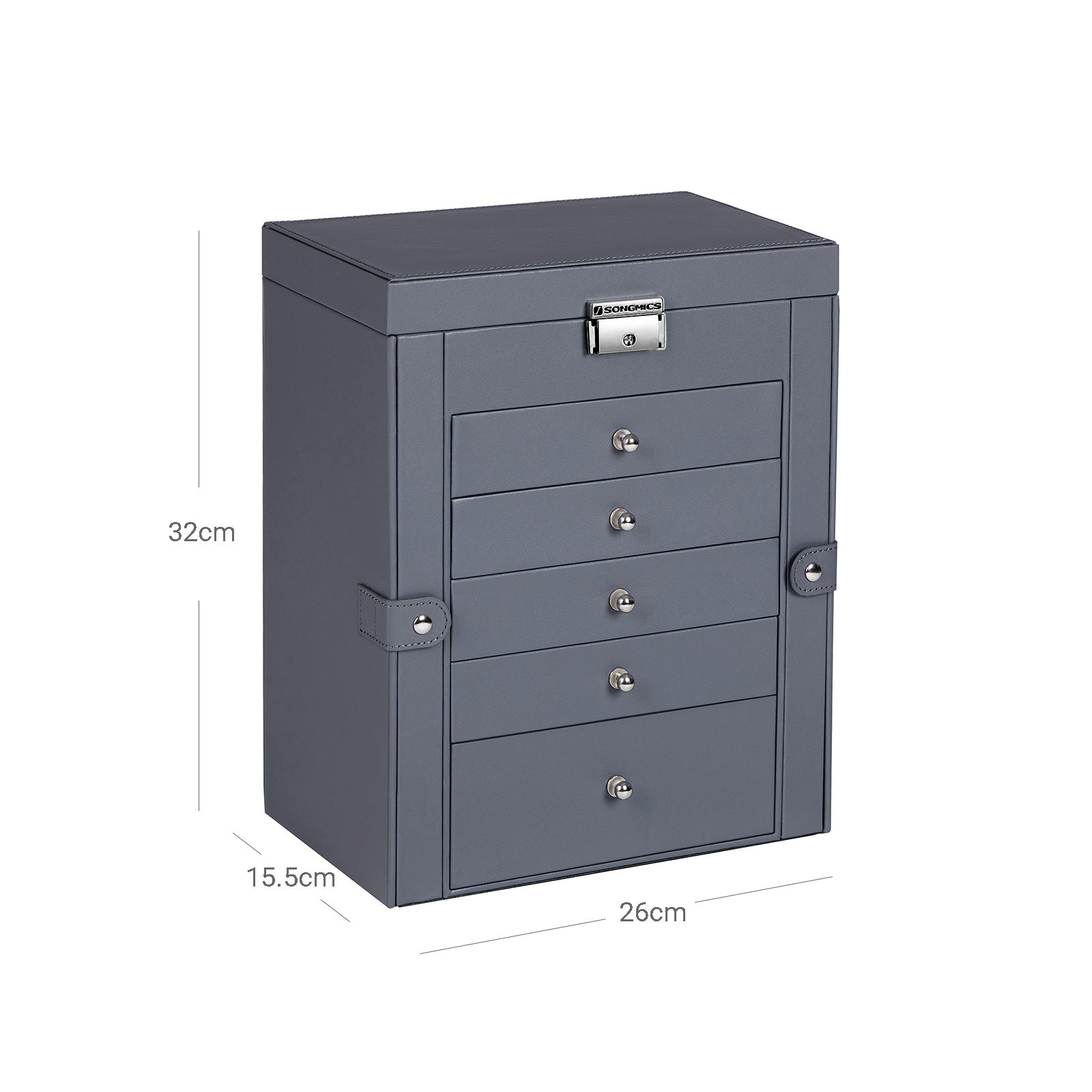 Joyero Grande, Caja Joyero, 3 Niveles, Joyero Organizador, con Asa, 2 Cajones, Espejo, Cerradura, Blanco, SONGMICS, 8