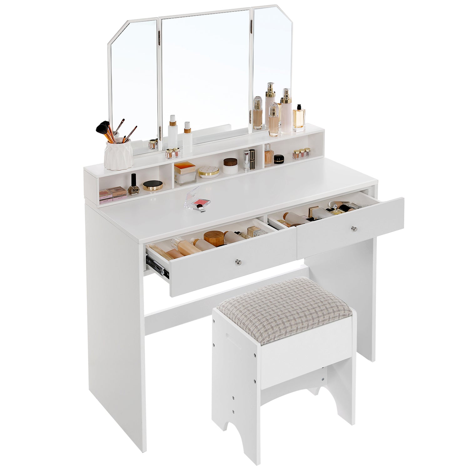 Tocador Maquillaje, Tocador con espejo, Mesa Tocador, con 3 Compartimentos de Almacenamiento, Blanco, 7