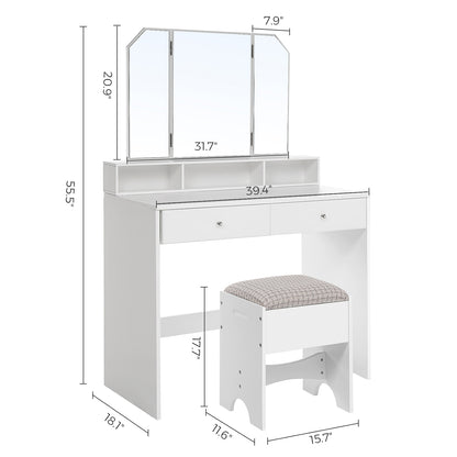 Tocador Maquillaje, Tocador con espejo, Mesa Tocador, con 3 Compartimentos de Almacenamiento, Blanco, 8