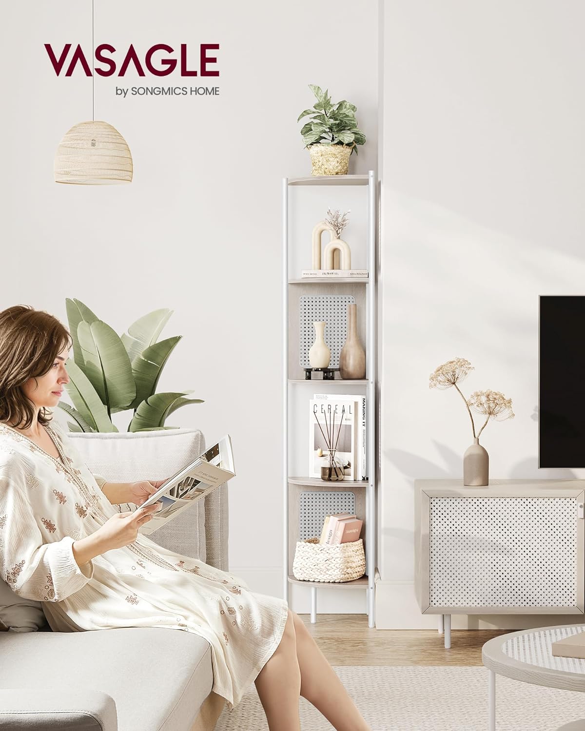 VASAGLE - Estanteria Esquinera, Estanteria Libreria, 5 niveles, Estante, con lados de polirratán, Beige Avena, 2