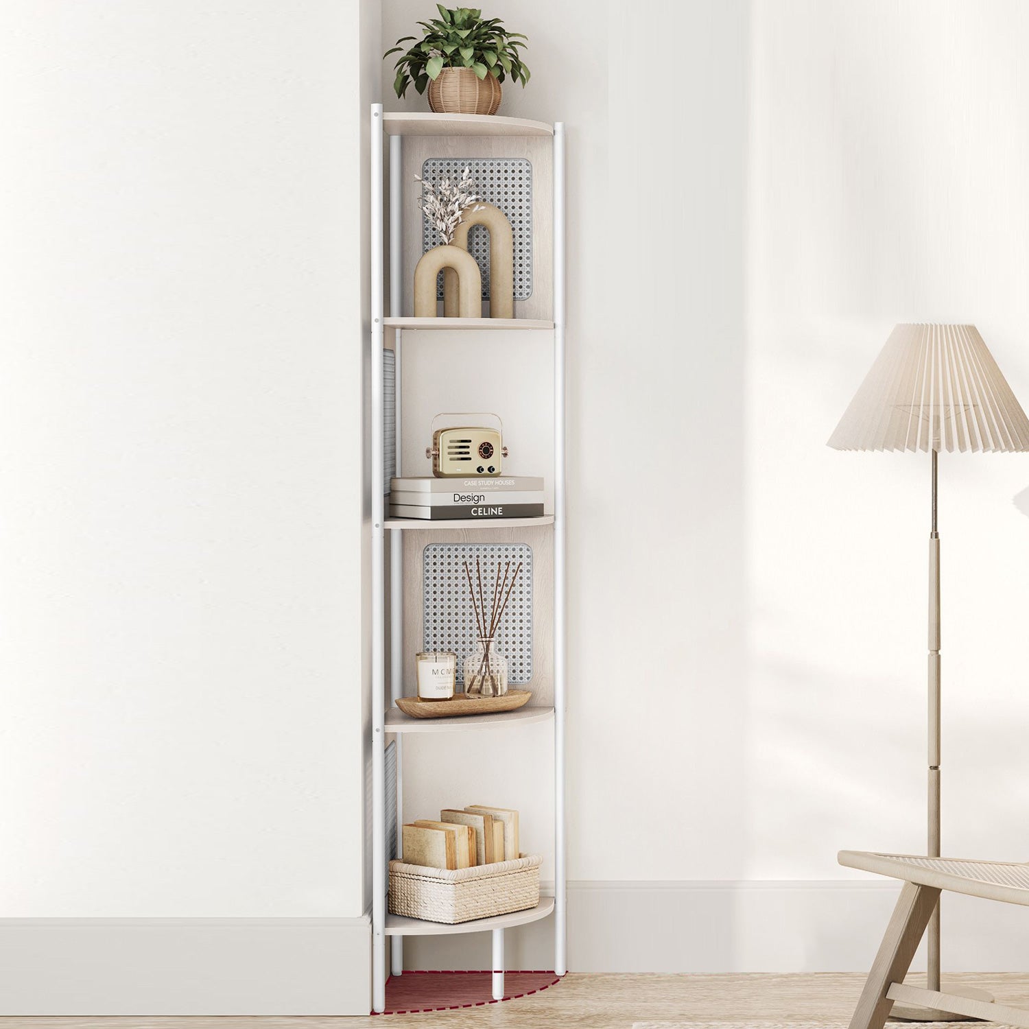 VASAGLE - Estanteria Esquinera, Estanteria Libreria, 5 niveles, Estante, con lados de polirratán, Beige Avena, 1