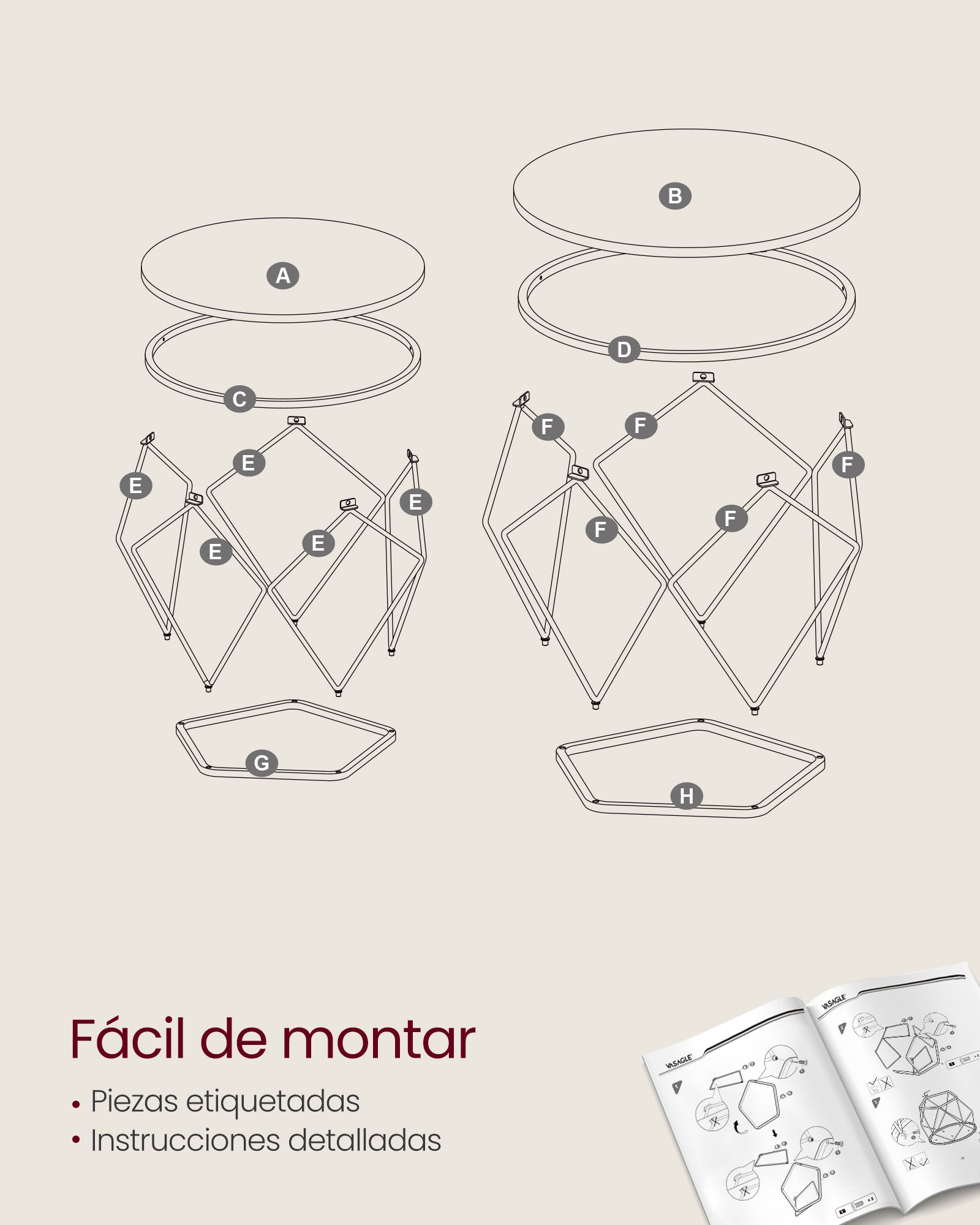 VASAGLE - Mesas de Centro Redondas, Cristal Templado, Juego de 2 Mesas Auxiliares, Tablero Extraíble, Gris Pizarra y Negro, 9