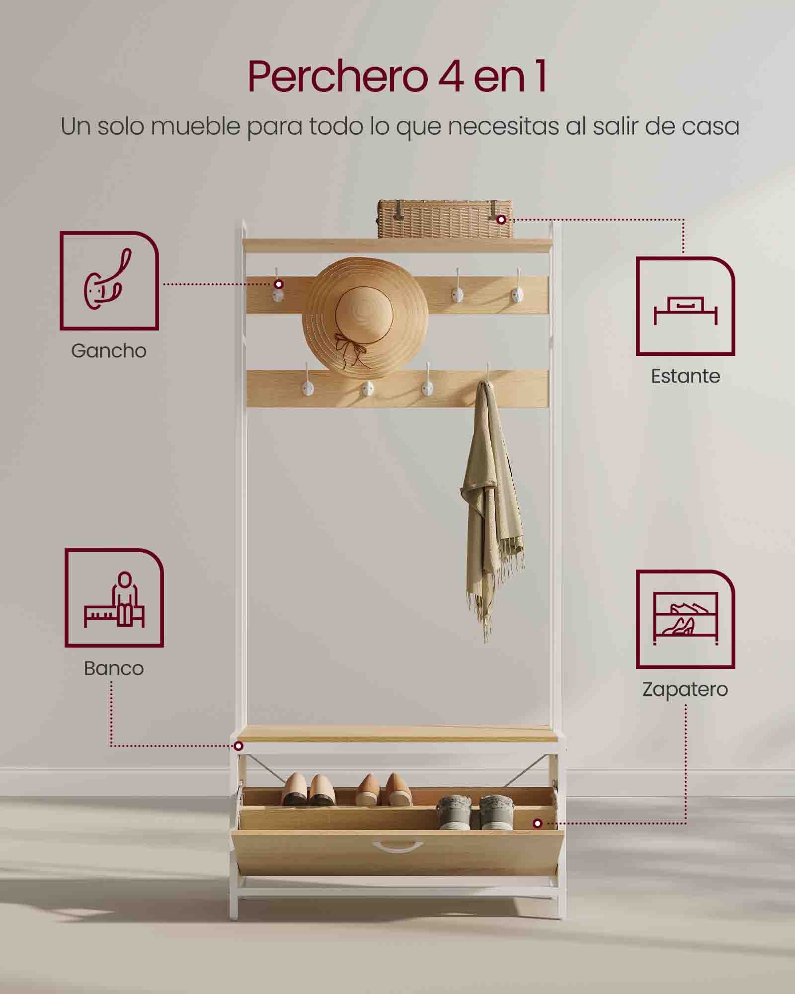 VASAGLE - Perchero Zapatero, Perchero Recibidor, con Banco Zapatero, 9 Ganchos, Estante Superior, Roble y Blanco, 5