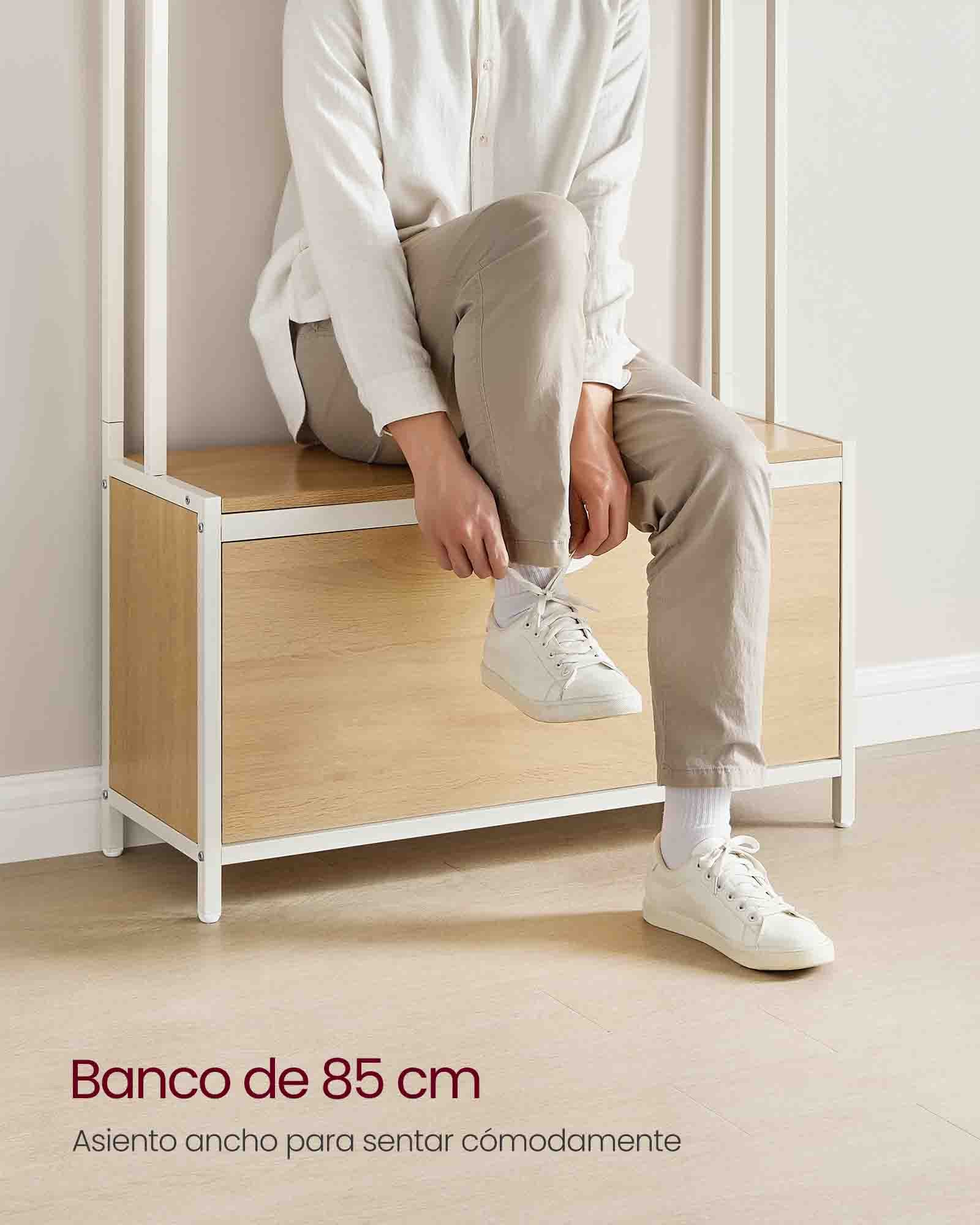 VASAGLE - Perchero Zapatero, Perchero Recibidor, con Banco Zapatero, 9 Ganchos, Estante Superior, Roble y Blanco, 7
