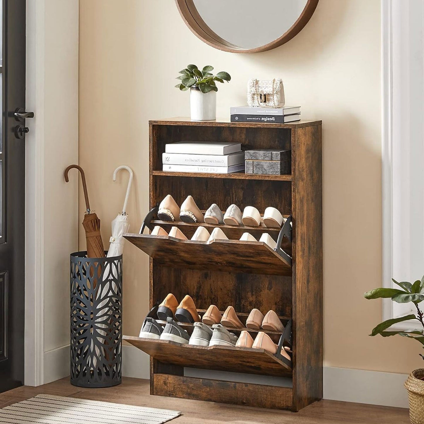 Zapatero, Mueble Zapatero, 8 a 12 Pares, Armario Zapatero, Zapatero Alto, 2 Puertas batientes, Marrón Rústico, VASAGLE, 1