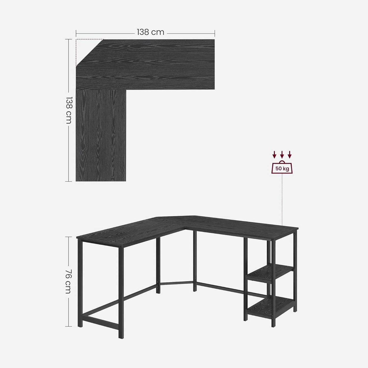 Mesa estudio, Escritorio de Esquina en Forma de L, Escritorio con 2 Estantes, Negro, VASAGLE