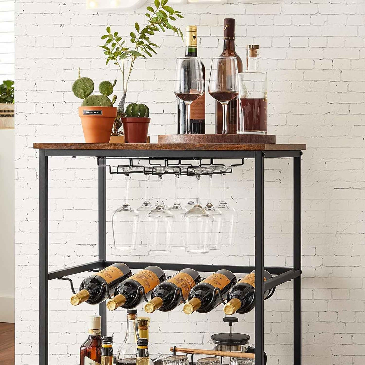 VASAGLE - Carrito cocina, Camareras con ruedas, con Soportes para Vasos y Botellas, Botellero pequeño sobre ruedas, Estanteria cocina, Marrón Negro