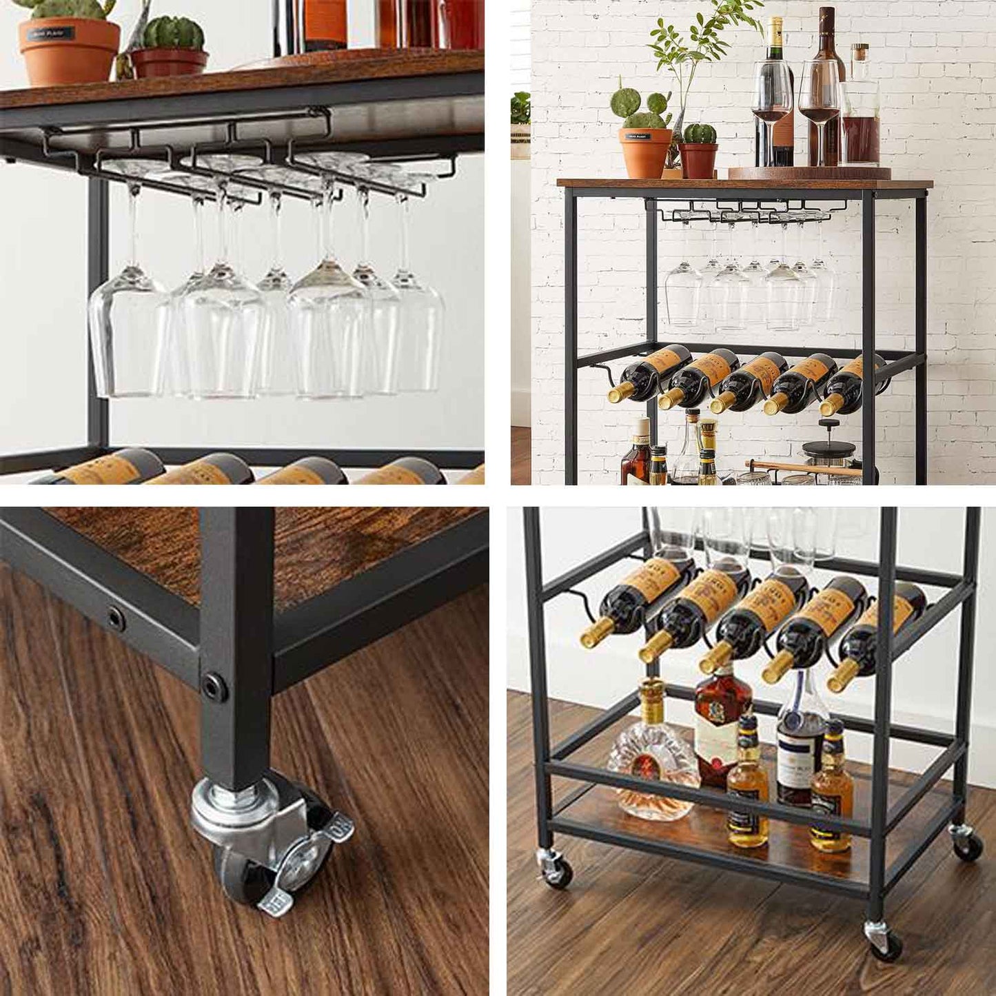 VASAGLE - Carrito cocina, Camareras con ruedas, con Soportes para Vasos y Botellas, Botellero pequeño sobre ruedas, Estanteria cocina, Marrón Negro