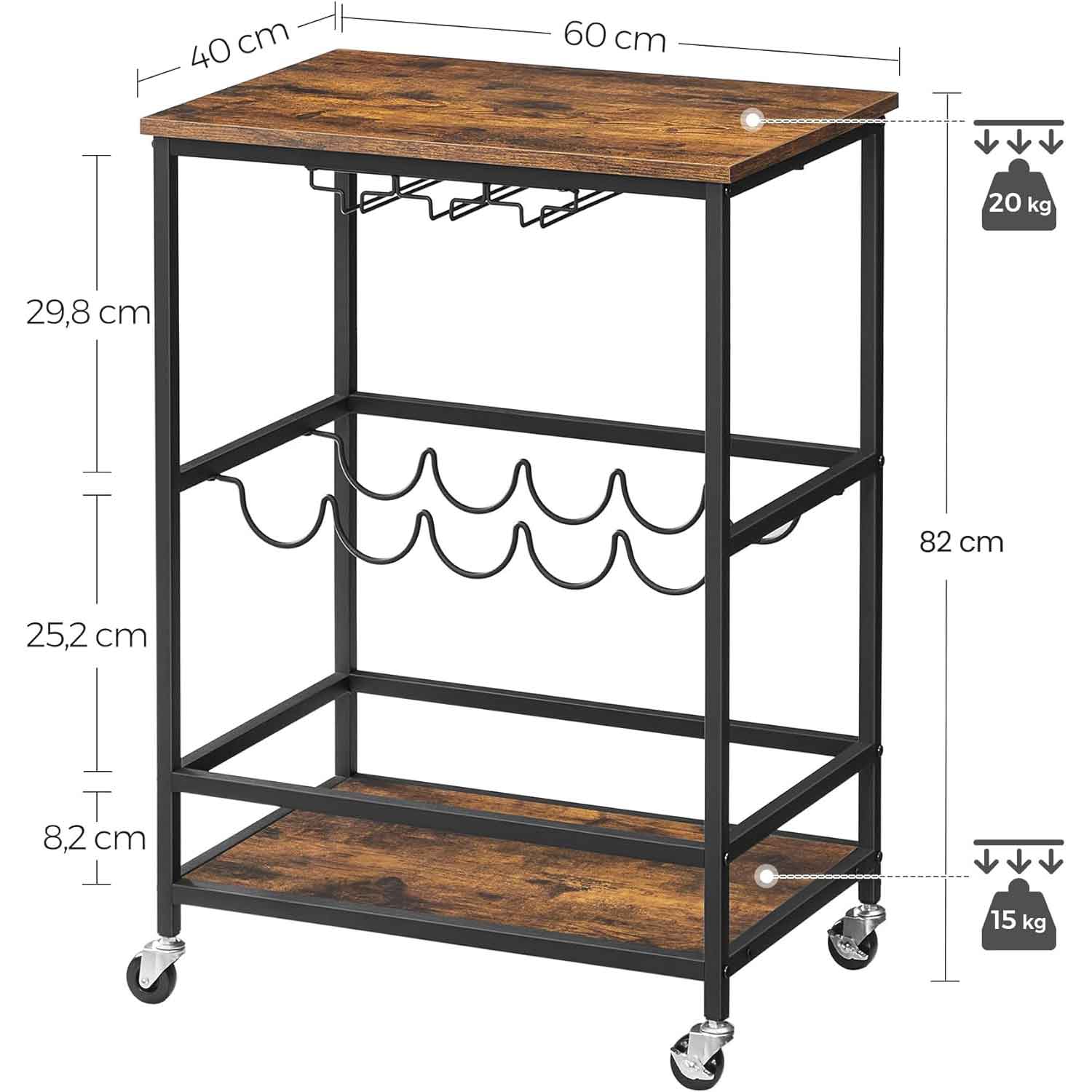 carrito cocina, botellero pequeño, carro de cocina con ruedas, carrito de servicio, 60x40x75 cm