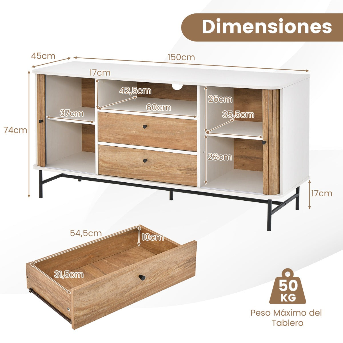 Aparador Salon, Mueble de TV, con Orificio para Cables, Aparador Comedor, Puertas Corredizas Persiana, Blanco, Costway, 3