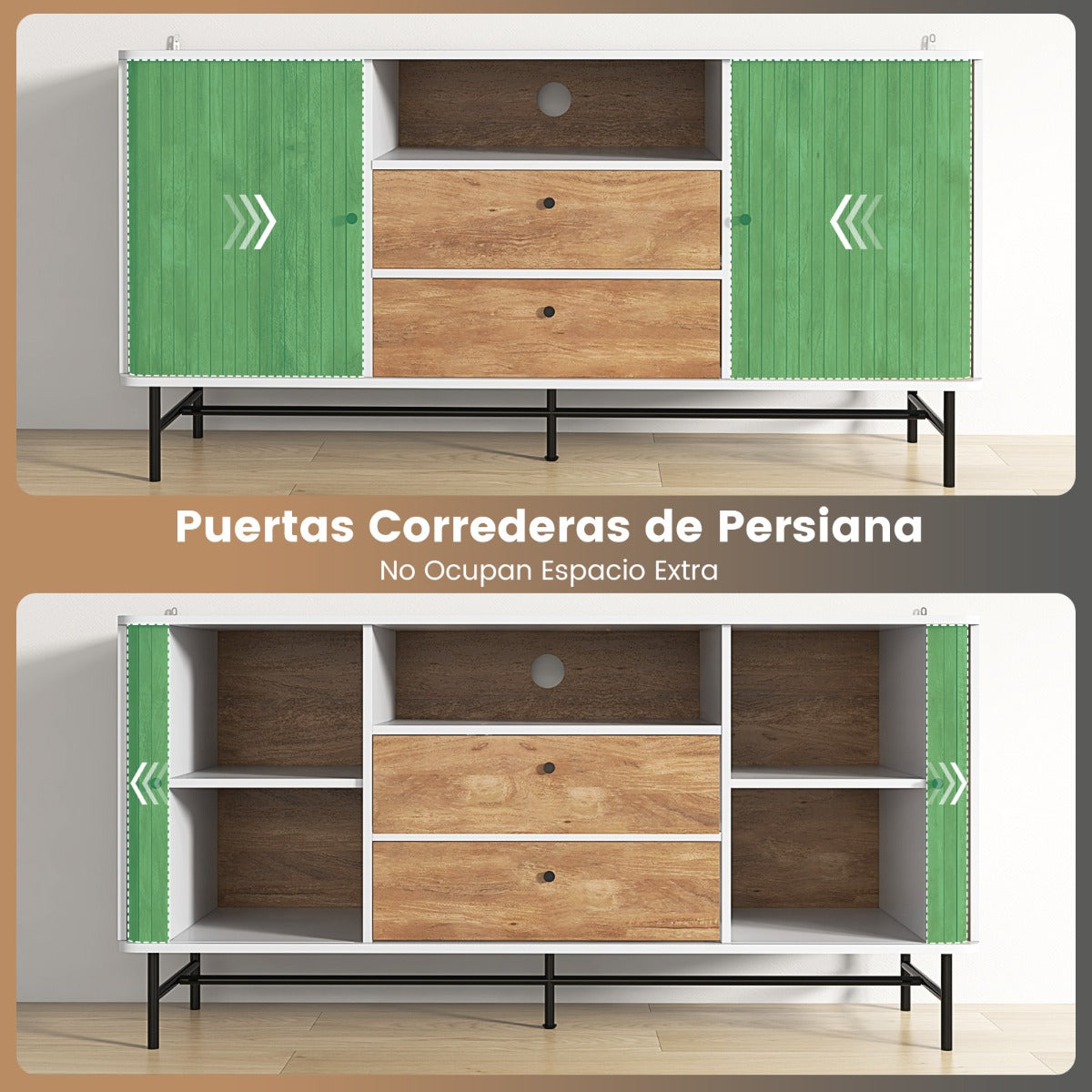 Aparador Salon, Mueble de TV, con Orificio para Cables, Aparador Comedor, Puertas Corredizas Persiana, Blanco, Costway, 5