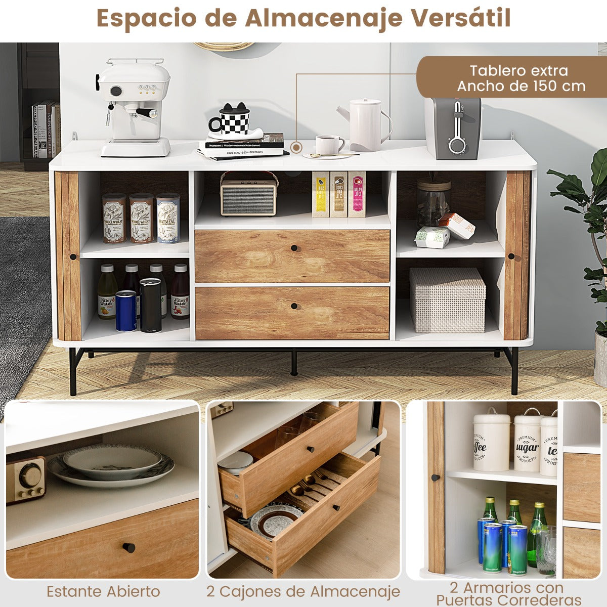 Aparador Salon, Mueble de TV, con Orificio para Cables, Aparador Comedor, Puertas Corredizas Persiana, Blanco, Costway, 6