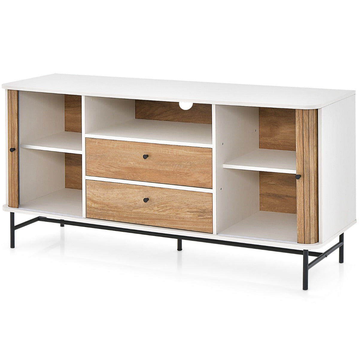 Aparador Salon, Mueble de TV, con Orificio para Cables, Aparador Comedor, Puertas Corredizas Persiana, Blanco, Costway, 1