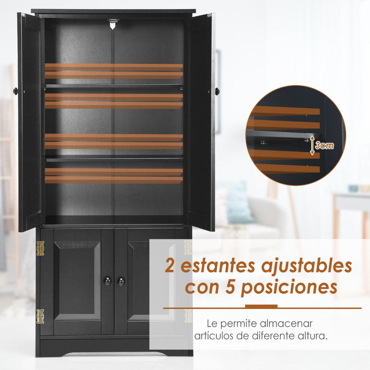 Armario oficina, Armarios de cocina, Armario de baño, Armarios pequeños, Doble Puerta con Repisa Regulable, Negro, Costway, 8