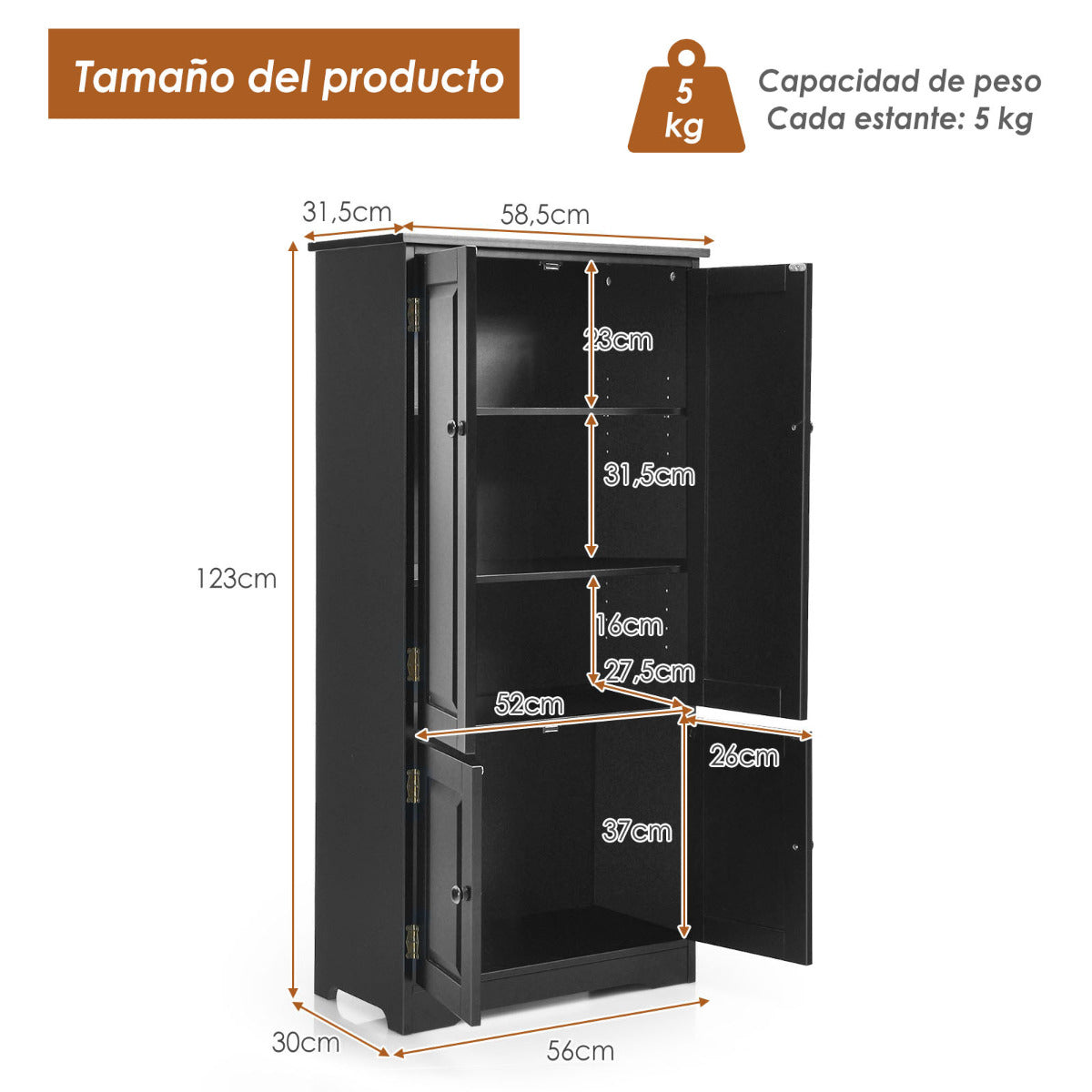 Armario oficina, Armarios de cocina, Armario de baño, Armarios pequeños, Doble Puerta con Repisa Regulable, Negro, Costway, 3