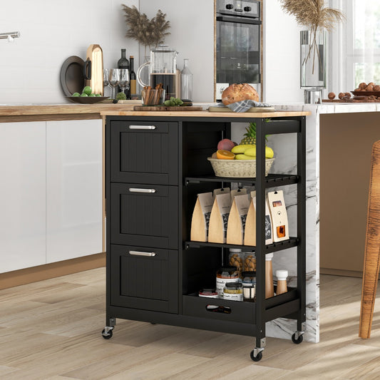 Isla de cocina, Carro cocina, Carrito cocina, con Tapa de Madera, 3 Cajones de Almacenamiento, 2 Estantes, Negro, Costway, 4