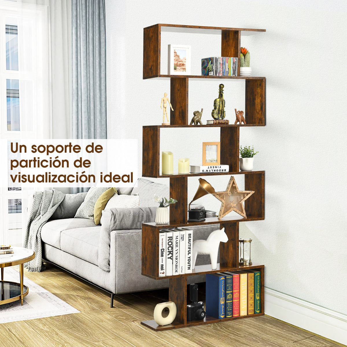 Estanteria libros, de 6 Niveles, Estanteria, Estanteria libreria, Estanteria salon, Forma de S, Café, Costway, 4