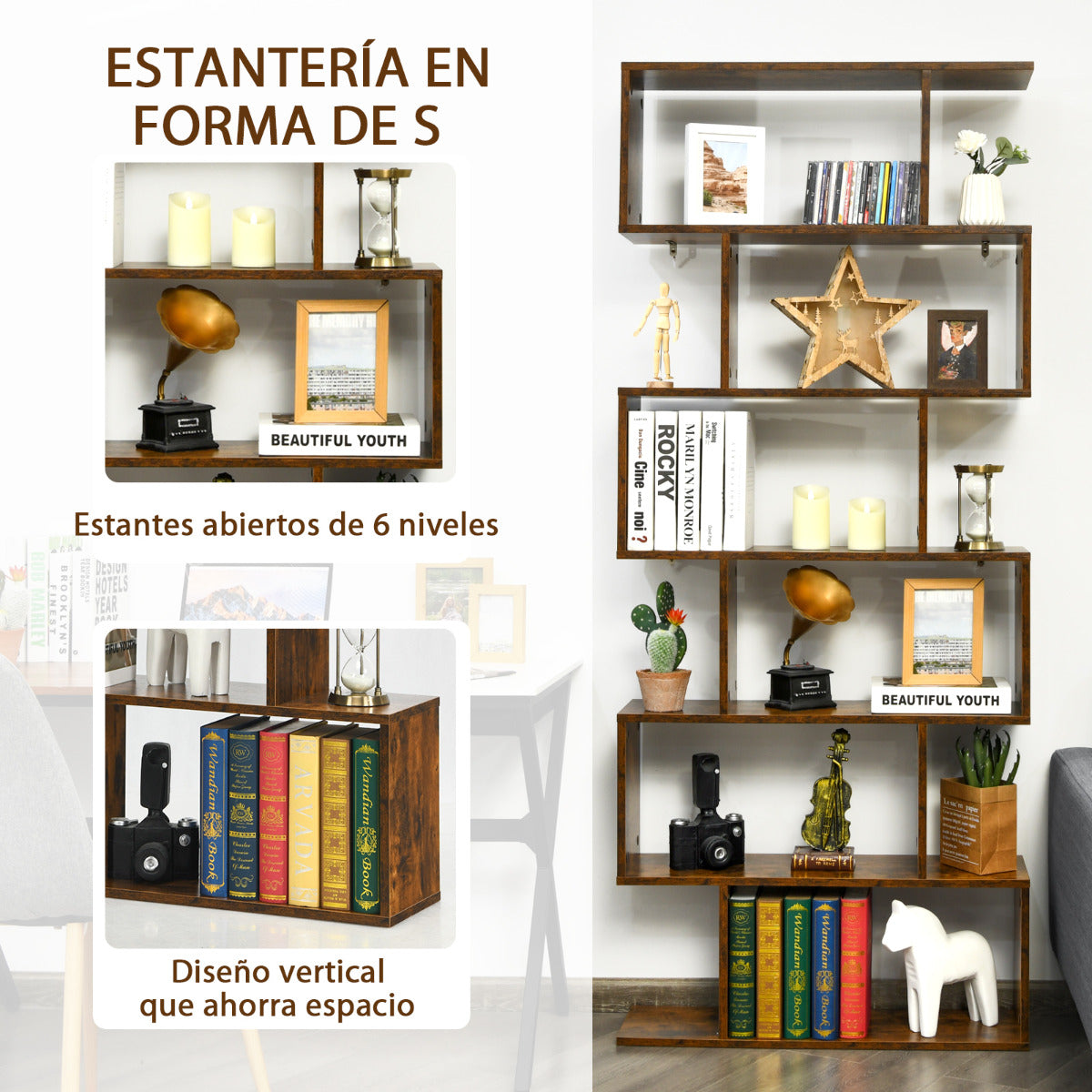 Estanteria libros, de 6 Niveles, Estanteria, Estanteria libreria, Estanteria salon, Forma de S, Café, Costway, 8