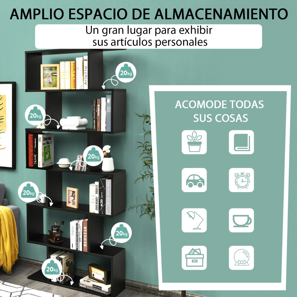 Estanteria, Estanteria libros, 6 Niveles, Estanteria salon, de carga 20kg, Estanteria libreria, Forma de S, Negro, Costway, 7