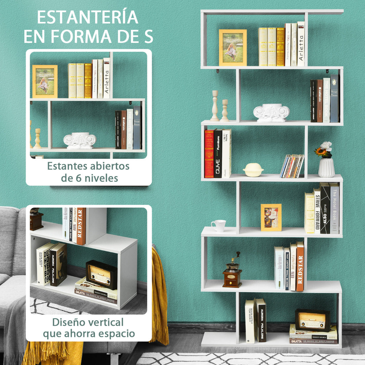 Estanteria, Estanteria libros, 6 Niveles, Estanteria salon, Estanteria libreria, Forma de S, de carga 20kg, Blanco, Costway, 7