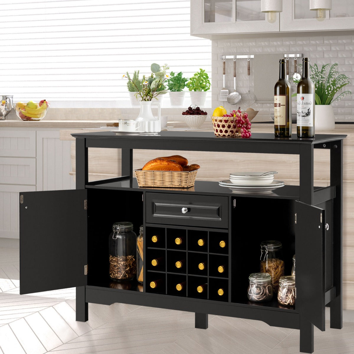 Aparador Cocina, Armario Cocina, Botellero, Mueble auxiliar cocina, con Porta Botellas de Vino, con 2 Armarios, Negro, Costway, 5