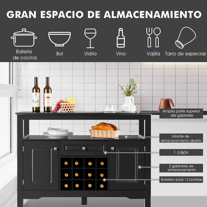 Aparador Cocina, Armario Cocina, Botellero, Mueble auxiliar cocina, con Porta Botellas de Vino, con 2 Armarios, Negro, Costway, 6