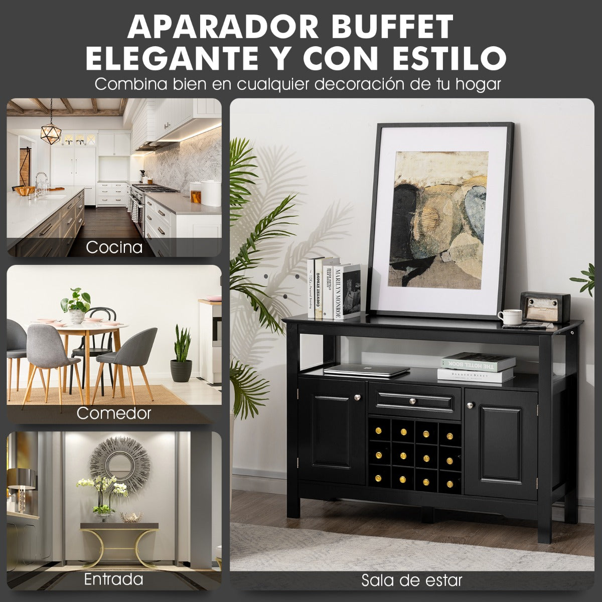 Aparador Cocina, Armario Cocina, Botellero, Mueble auxiliar cocina, con Porta Botellas de Vino, con 2 Armarios, Negro, Costway, 8