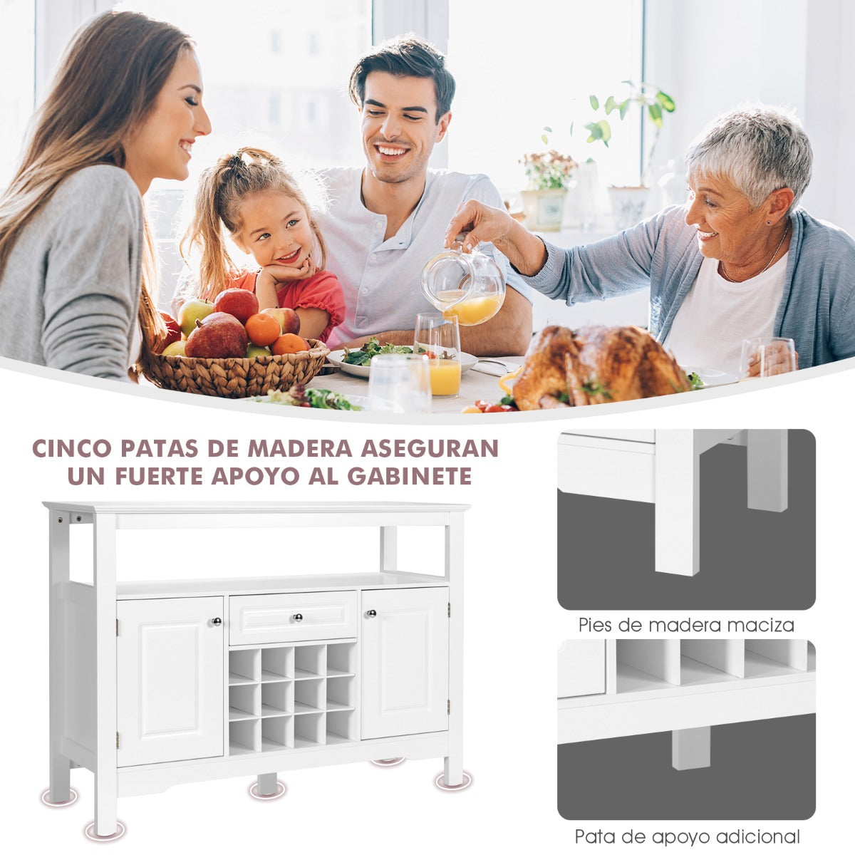 Despensa para Cocina Moderna con 2 Armarios y Cajón para Cocina Comedor Salón 117 x 40,5 x 82,5 cm Blanco, Costway, 6