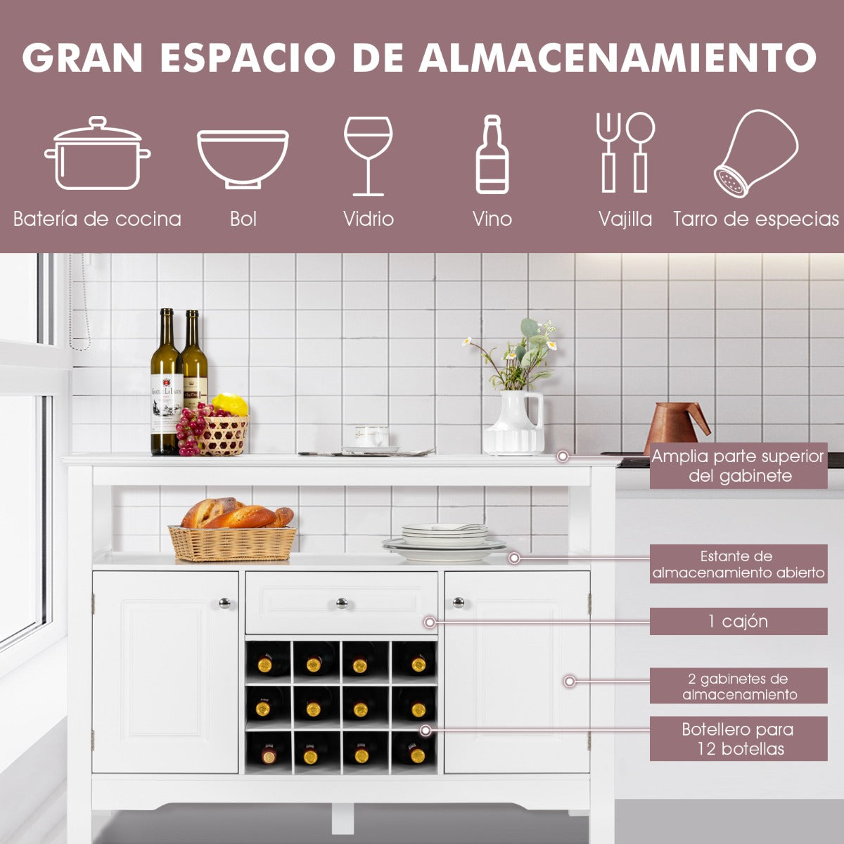 Despensa para Cocina Moderna con 2 Armarios y Cajón para Cocina Comedor Salón 117 x 40,5 x 82,5 cm Blanco, Costway, 7