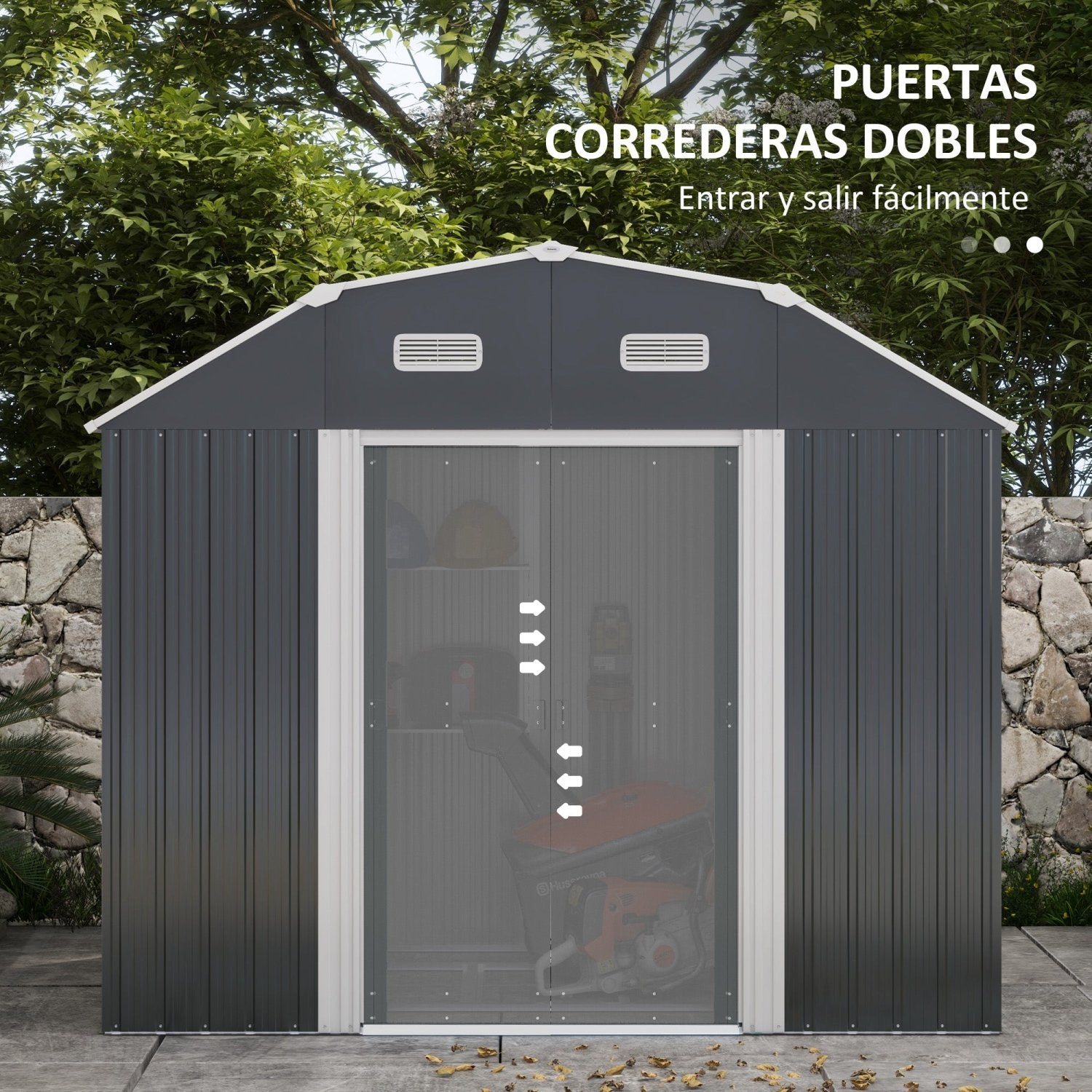 Caseta metalica jardines, 2,7 m², Cobertizo exterior, Base Estantes Ajustables 2 Puertas Corredizas, 2 Ventanas, Gris, Outsunny, 2