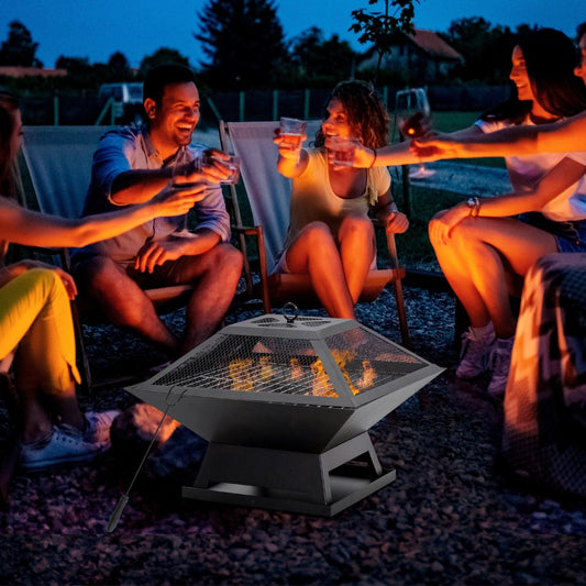 Brasero, Brasero Exterior, Pozo de Fuego, para Jardín, con Protector de Chispas y Atizador, para Terraza Camping Negro, Outsunny, 2
