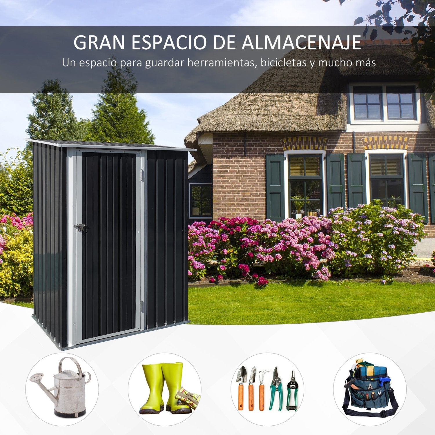 Caseta metalica jardines, Cobertizo exterior, 1,07 m², Cobertizo jardin, Puerta Cerradura y Orificios de Drenaje, Gris, Outsunny, 2