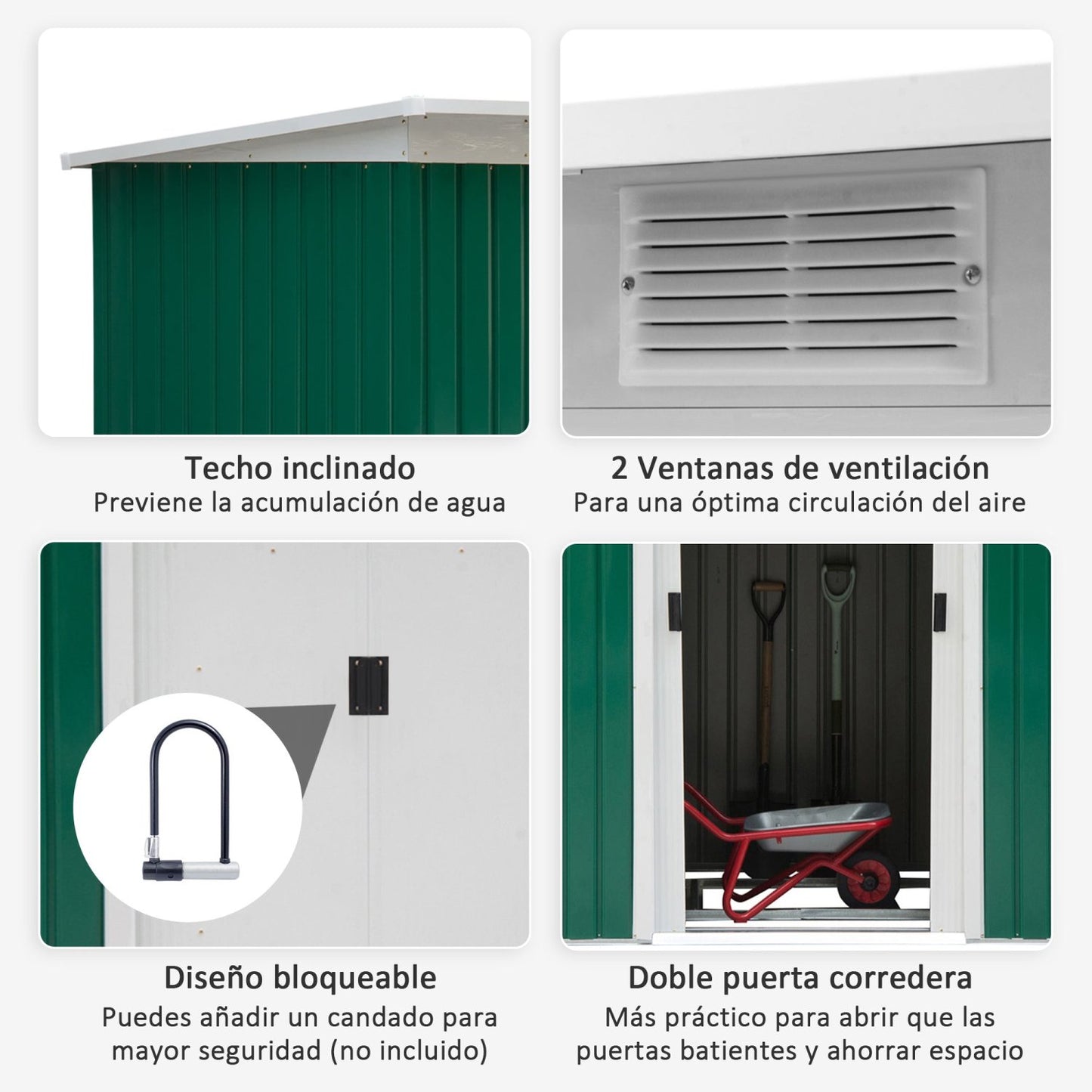 Caseta metalica jardines, Cobertizo exterior, 3,2 m², con 2 Puertas Correderas, 2 Orificios de Ventilación, Verde Oscuro, Outsunny, 5