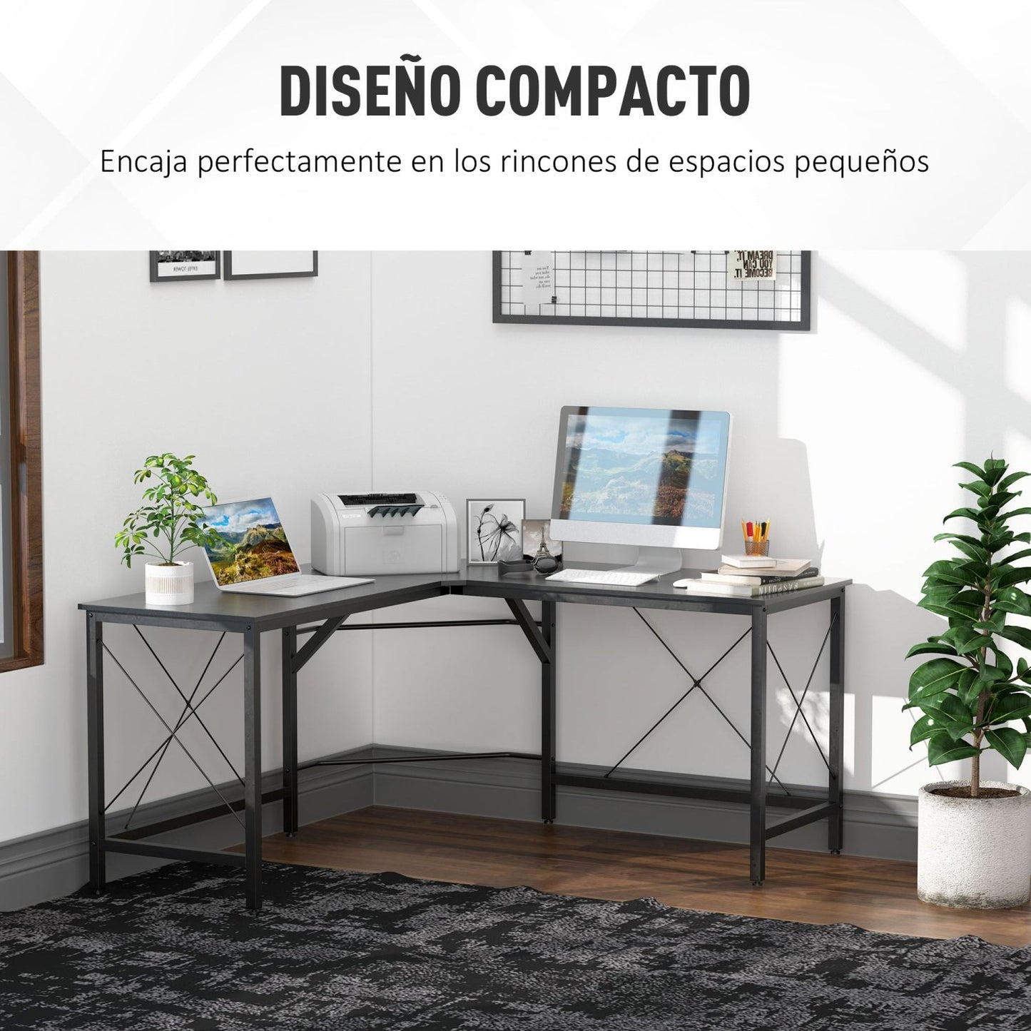 Escritorio Esquinero, Escritorio Ordenador, Mesa Oficina, con Marco de Acero, Carga 70 kg, Mesa de Estudio, Negro, HOMCOM, 3